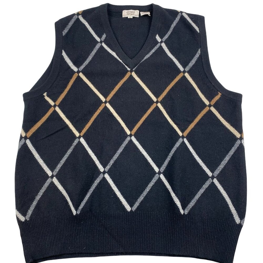 Jaymar Sport Mens Sweater Vest L Lambswool Argyle V-Neck Black Knit Classic